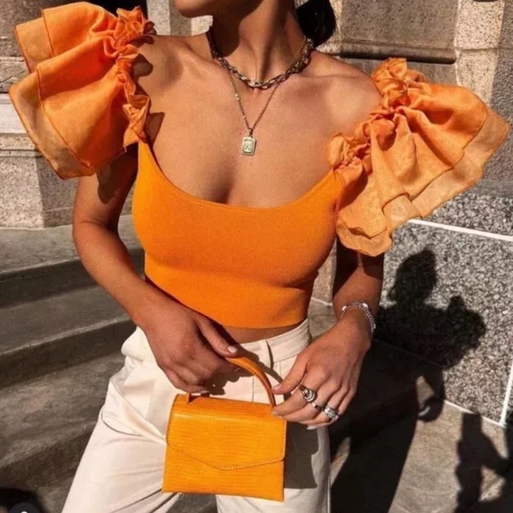 Zara Orange Ruffled Sleeve Top